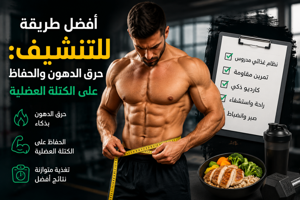 صورة توضيحية لرجل رياضي بنسبة دهون منخفضة يقيس محيط خصره، ترمز إلى أفضل طريقة للتنشيف، وحرق الدهون، والحفاظ على الكتلة العضلية من خلال التغذية والتمرين.