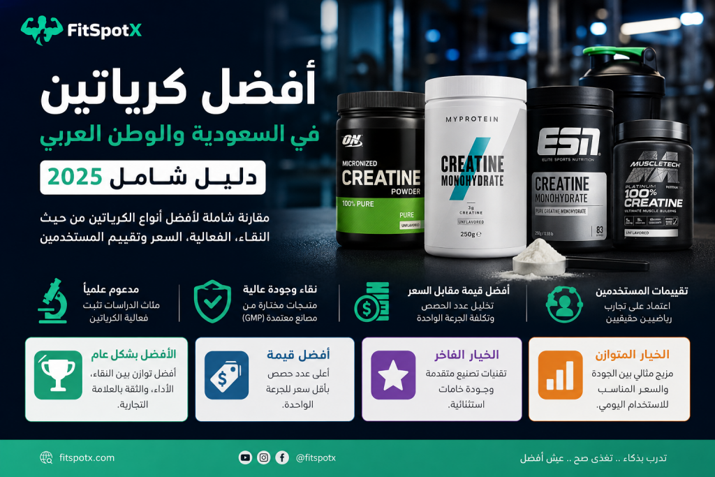 أفضل أنواع الكرياتين مونوهيدرات لعام 2026 مع عبوات مكملات الكرياتين المستخدمة لدعم القوة وبناء العضلات والأداء الرياضي.
