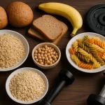 صورة واقعية لأطعمة غنية بالكربوهيدرات مثل الأرز والشوفان والموز والخبز الكامل مع دمبلز رياضي، تعكس موضوع احتياج الجسم اليومي من الكربوهيدرات للتضخيم أو التنشيف.