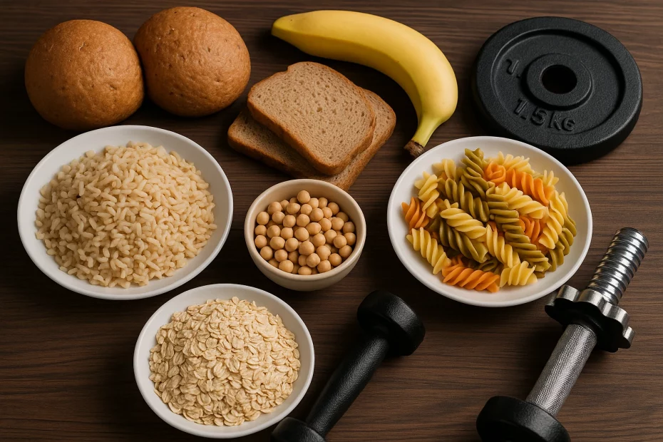 صورة واقعية لأطعمة غنية بالكربوهيدرات مثل الأرز والشوفان والموز والخبز الكامل مع دمبلز رياضي، تعكس موضوع احتياج الجسم اليومي من الكربوهيدرات للتضخيم أو التنشيف.