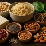 مجموعة متنوعة من مصادر البروتين النباتي مرتبة على سطح خشبي داكن، تشمل الكينوا، الحمص، العدس، الفاصولياء الحمراء، التوفو، بذور الشيا، الجوز، اللوز، الكاجو، والسبانخ الطازجة.