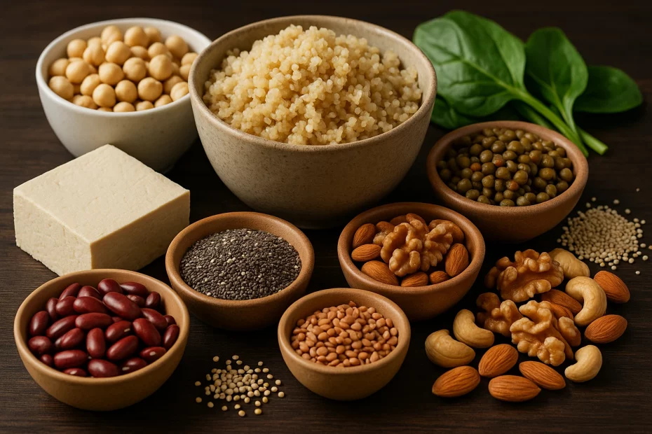 مجموعة متنوعة من مصادر البروتين النباتي مرتبة على سطح خشبي داكن، تشمل الكينوا، الحمص، العدس، الفاصولياء الحمراء، التوفو، بذور الشيا، الجوز، اللوز، الكاجو، والسبانخ الطازجة.