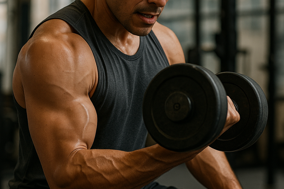 A muscular man performing weight training at the gym, demonstrating proper form for building muscle.