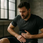 رياضي شاب يتمرن في الهواء الطلق مع ابتسامة طبيعية، يعكس الطاقة والصحة الناتجة عن توازن الأمعاء.
