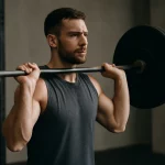 رجل رياضي يرفع بار حديد في صالة رياضية، يظهر تركيزه وقوته أثناء أداء تمرين مقاومة.