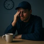 A tired night-shift worker in a blue uniform sits at a table at 3 a.m., resting his head on his hand beside a coffee mug, showing the fatigue of shift work.