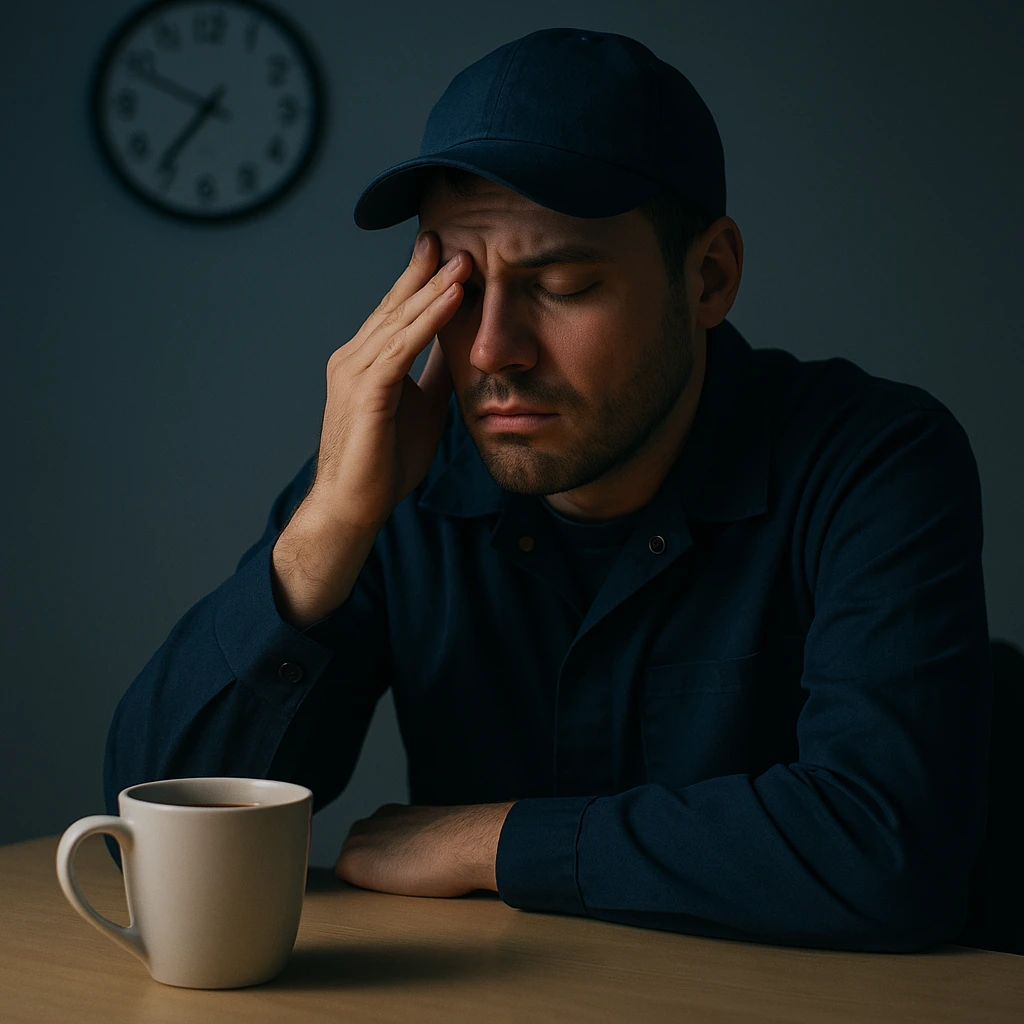 A tired night-shift worker in a blue uniform sits at a table at 3 a.m., resting his head on his hand beside a coffee mug, showing the fatigue of shift work.