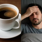فنجان قهوة بجانب رجل مستلقٍ على السرير يعاني من صعوبة في النوم، للتعبير عن تأثير شرب القهوة قبل النوم على جودة النوم والهرمونات.