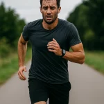 عدّاء شاب رياضي يجري لمسافة طويلة في الهواء الطلق ويظهر عليه التعب، تعبير عن الإفراط في الكارديو وتأثيره على التستوستيرون والرغبة الجنسية.