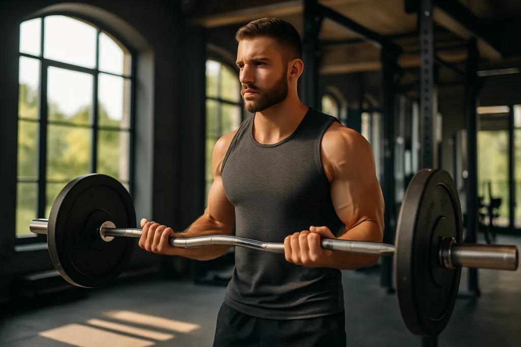 جل رياضي يرفع الأوزان في صالة الجيم، مع أشعة الشمس تدخل من النافذة، تعبير عن العادات اليومية التي تعزز هرمون التستوستيرون.