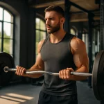 جل رياضي يرفع الأوزان في صالة الجيم، مع أشعة الشمس تدخل من النافذة، تعبير عن العادات اليومية التي تعزز هرمون التستوستيرون.