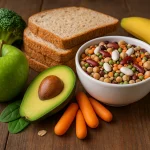 أطعمة غنية بالألياف مثل البروكلي، التفاح، البقوليات، بذور الشيا، والشوفان على طاولة خشبية طبيعية.