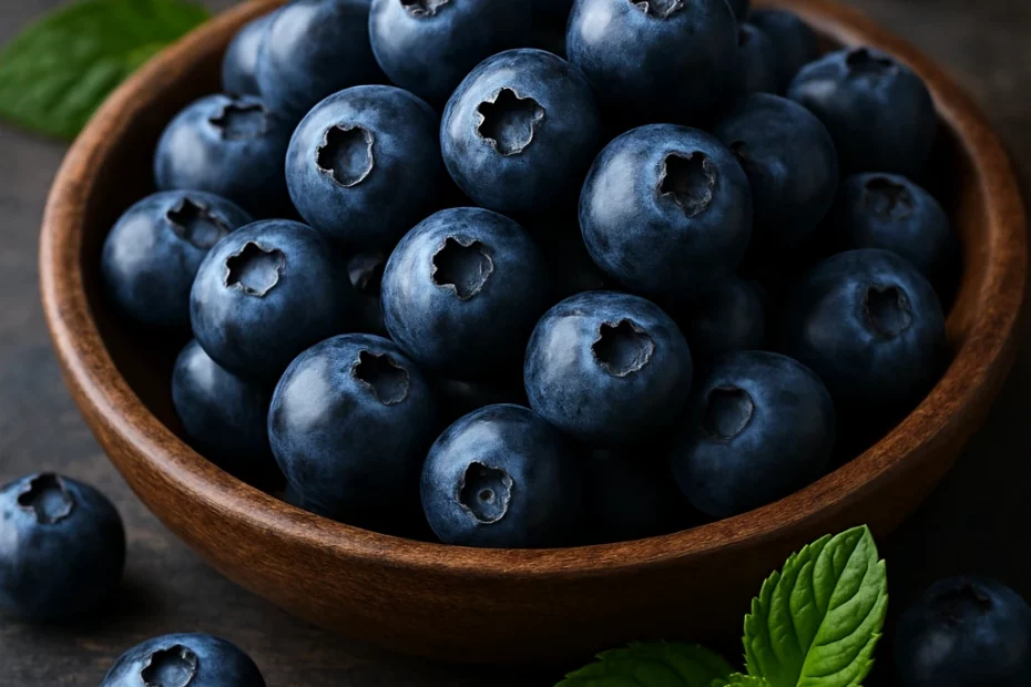 Fresh blueberries in a rustic wooden bowl with mint leaves on a dark wooden background — a natural superfood packed with antioxidants."