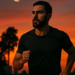 رجل رياضي يجري عند غروب الشمس مع ظهور هلال في السماء، للتعبير عن ممارسة الرياضة أثناء الصيام.