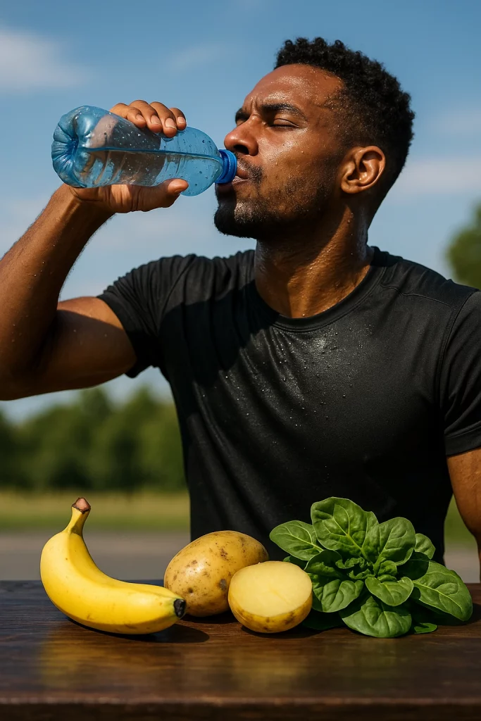 عدّاء يشرب من زجاجة ماء أثناء التمرين مع موز وبطاطا وسبانخ على طاولة كرمز لمصادر الإلكترولايتس الطبيعية.