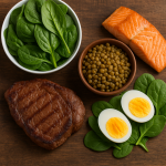 أطعمة متنوعة غنية بالحديد وفيتامين B12 تشمل اللحم، السبانخ، البيض، العدس، والسلمون على طاولة خشبية.