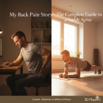 Lower Back Pain: Causes, Treatments, and When to Worry A split-screen professional image for a back pain guide; the left side shows a man sitting at a desk feeling discomfort with the text 'My Back Pain Story,' and the right side shows the same man performing a core-strengthening plank exercise in a bright room with the text 'The Complete Guide to a Stable Spine.' Warm lighting, realistic style, and FitspotX logo included.