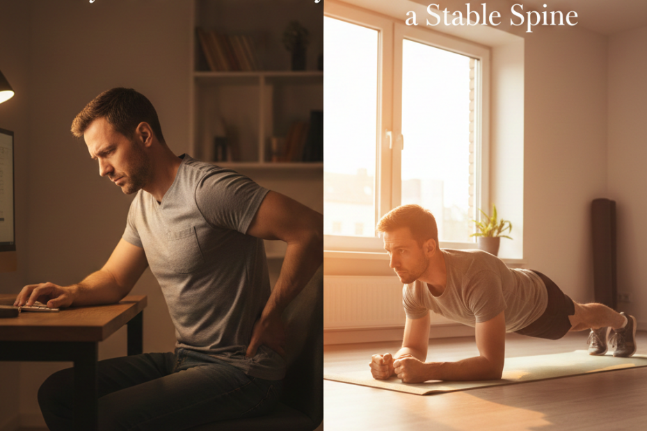 A split-screen professional image for a back pain guide; the left side shows a man sitting at a desk feeling discomfort with the text 'My Back Pain Story,' and the right side shows the same man performing a core-strengthening plank exercise in a bright room with the text 'The Complete Guide to a Stable Spine.' Warm lighting, realistic style, and FitspotX logo included.