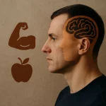 رجل يتأمل أثناء التمرين في صالة رياضية بإضاءة دافئة، يعبّر عن الصراع النفسي بين الاستمرار والتوقف في رحلة التغيير الجسدي.
