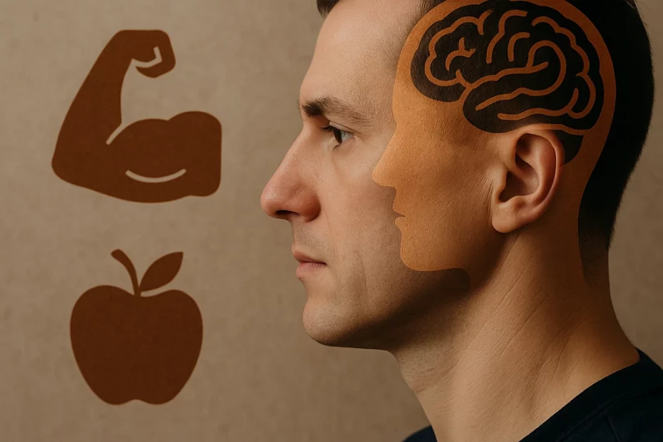 رجل يتأمل أثناء التمرين في صالة رياضية بإضاءة دافئة، يعبّر عن الصراع النفسي بين الاستمرار والتوقف في رحلة التغيير الجسدي.