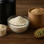 Three types of protein powder — whey, casein, and plant-based — displayed on a rustic wooden table with a wooden spoon holding fresh green peas.