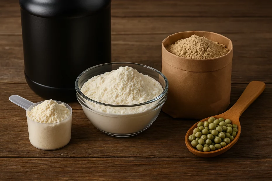 Three types of protein powder — whey, casein, and plant-based — displayed on a rustic wooden table with a wooden spoon holding fresh green peas.