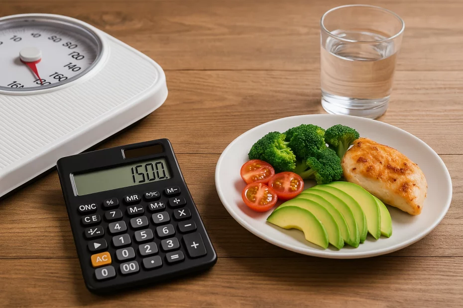 طبق صحي يحتوي على صدر دجاج مشوي، أفوكادو، بروكلي وطماطم مع آلة حاسبة وميزان لقياس الوزن – يرمز إلى استخدام حاسبة السعرات لخسارة الوزن بطريقة متوازنة وواقعية بدون حرمان.