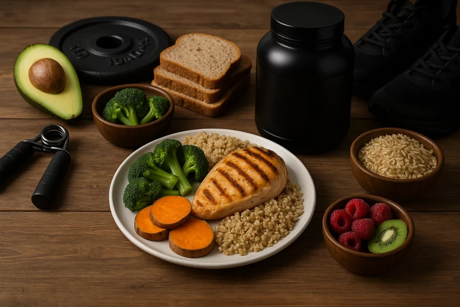 طبق صحي يحتوي على صدر دجاج مشوي، بطاطا حلوة، خضار طازجة، وفواكه على طاولة خشبية، يرمز إلى نظام Carb Cycling وتوازن التغذية بين الكربوهيدرات والبروتينات والدهون بطريقة واقعية واحترافية.