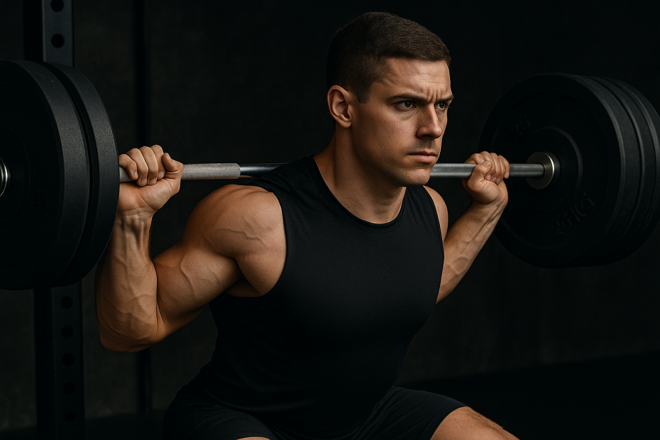 رياضي متوسط الحجم ينفّذ تمرين سكوات بأوزان مرتفعة في صالة تدريب احترافية، تعبير بصري عن فكرة أن القوة الحقيقية تعتمد على التفعيل العصبي لا على حجم العضلة فقط.