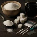 High-quality image showing sugar cubes and white powder on a dark surface, symbolizing sugar addiction compared to drugs.