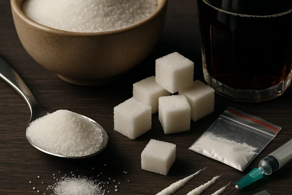 High-quality image showing sugar cubes and white powder on a dark surface, symbolizing sugar addiction compared to drugs.
