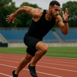 A professional male sprinter captured mid-stride on a red track, showing powerful posture, balance, and focus — a realistic depiction of explosive running speed and athletic performance.
