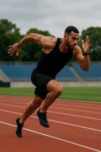 A professional male sprinter captured mid-stride on a red track, showing powerful posture, balance, and focus — a realistic depiction of explosive running speed and athletic performance.