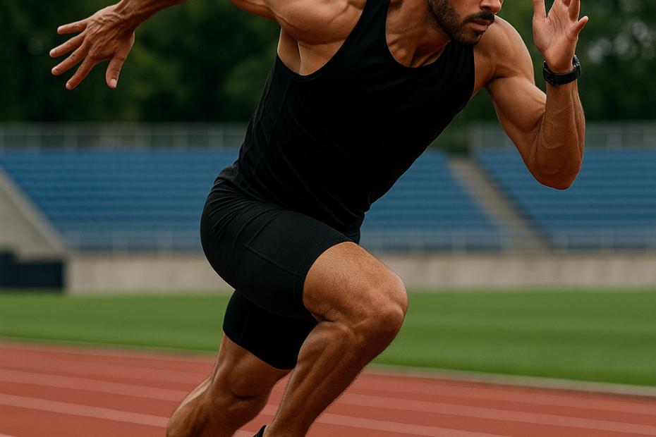 A professional male sprinter captured mid-stride on a red track, showing powerful posture, balance, and focus — a realistic depiction of explosive running speed and athletic performance.