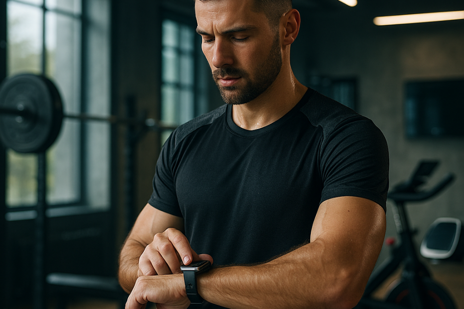 رياضي شاب في صالة رياضية حديثة يتفقد بيانات تمرينه عبر ساعة ذكية، مع معدات تدريبية عصرية في الخلفية، يرمز إلى الاتجاهات الجديدة في التدريب الرياضي لعام 2025.