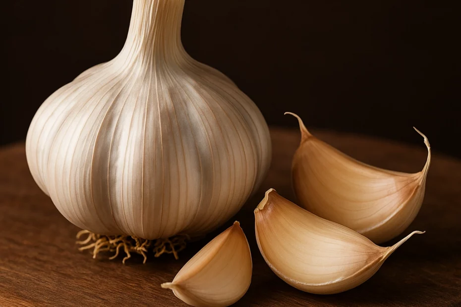 صورة فنية عالية الجودة لفصوص الثوم الطازج موضوعة على سطح خشبي، تبرز تفاصيل القشرة والملمس الطبيعي بشكل واقعي.