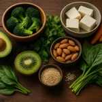 A wooden table displaying Vitamin K-rich foods such as spinach, kale, broccoli, avocado, cheese, almonds, and natto, arranged naturally with soft lighting.