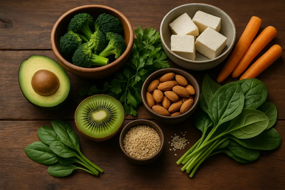 A wooden table displaying Vitamin K-rich foods such as spinach, kale, broccoli, avocado, cheese, almonds, and natto, arranged naturally with soft lighting.