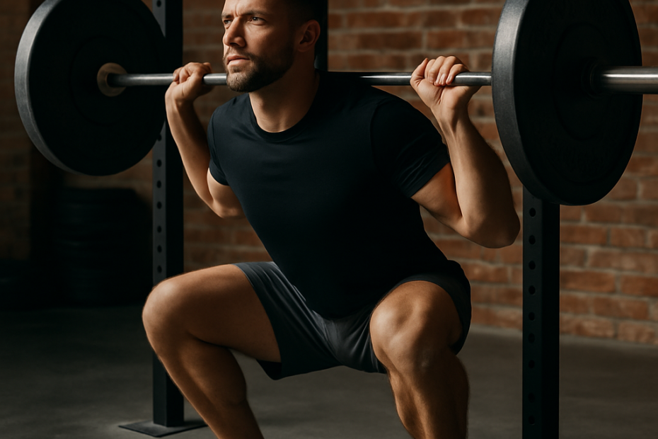 A focused athlete performing a heavy squat in a professional gym, captured mid-lift with perfect form and concentration — a realistic representation of strength and powerlifting discipline.