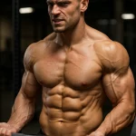 صورة واقعية لرياضي يرفع الأوزان في الجيم، تُظهر بوضوح اختلاف حجم وتطور المجموعات العضلية المختلفة في الجزء العلوي من الجسم.