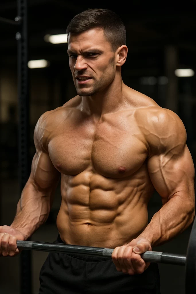 صورة واقعية لرياضي يرفع الأوزان في الجيم، تُظهر بوضوح اختلاف حجم وتطور المجموعات العضلية المختلفة في الجزء العلوي من الجسم.