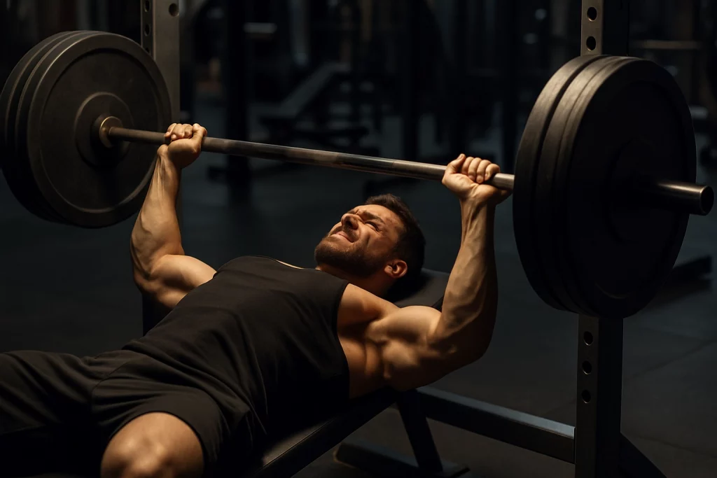 رياضي يرفع البار أثناء أداء تمرين البنش برس في صالة تدريب احترافية،
يظهر تركيزه الكامل على الحركة وثباته أثناء الرفع، في مشهد واقعي يعبّر عن القوة والتحكم الدقيق في التمرين.