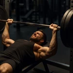 رياضي يرفع البار أثناء أداء تمرين البنش برس في صالة تدريب احترافية، يظهر تركيزه الكامل على الحركة وثباته أثناء الرفع، في مشهد واقعي يعبّر عن القوة والتحكم الدقيق في التمرين.