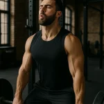 رياضي يرفع الأثقال في صالة تدريب احترافية مع تركيز واضح على تنفّسه العميق، تظهر عليه علامات التركيز والثبات أثناء تنفيذ تمرين ثقيل، في مشهد واقعي يعبّر عن العلاقة بين التنفس والتحكّم بالقوة الجسدية.