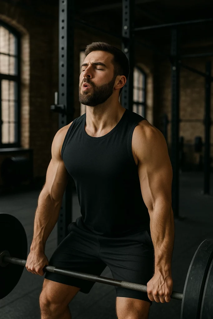 رياضي يرفع الأثقال في صالة تدريب احترافية مع تركيز واضح على تنفّسه العميق،
تظهر عليه علامات التركيز والثبات أثناء تنفيذ تمرين ثقيل،
في مشهد واقعي يعبّر عن العلاقة بين التنفس والتحكّم بالقوة الجسدية.