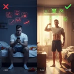 صورة مقسمة تظهر الفرق بين شخص يعاني من قلة النوم وشخص ينام جيدا. على اليسار، رجل متعب يجلس على السرير صباحاً بعد 4 ساعات نوم، تحيط به أيقونات حمراء سلبية (دهون بطن، شهية مرتفعة، مشاكل هرمونية). على اليمين، نفس الرجل يبتسم ويظهر عضلاته صباحاً بعد 8 ساعات نوم، تحيط به أيقونات خضراء إيجابية (عضلات، صحة عقلية، حرق دهون).