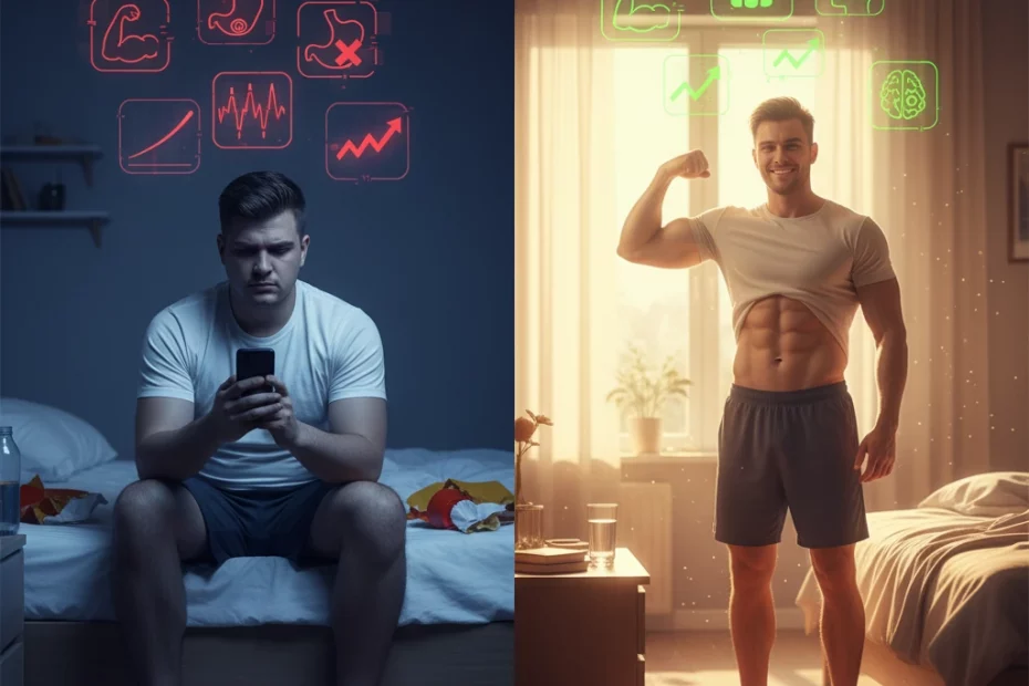 صورة مقسمة تظهر الفرق بين شخص يعاني من قلة النوم وشخص ينام جيدا. على اليسار، رجل متعب يجلس على السرير صباحاً بعد 4 ساعات نوم، تحيط به أيقونات حمراء سلبية (دهون بطن، شهية مرتفعة، مشاكل هرمونية). على اليمين، نفس الرجل يبتسم ويظهر عضلاته صباحاً بعد 8 ساعات نوم، تحيط به أيقونات خضراء إيجابية (عضلات، صحة عقلية، حرق دهون).