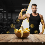 An athletic person holding a banana near gym equipment, symbolizing bananas as a natural, golden fuel for muscle building, performance, and post-workout recovery.