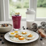 صورة فطور صحي غني بالبروتين للرياضيين يحتوي على بيض مقلي ومسلوق، شوفان، سموذي وفواكه. تؤكد الصورة على فوائد البيض لبناء العضلات والتعافي بعد التمرين.