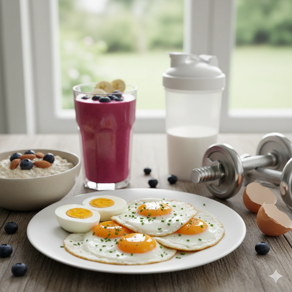 صورة فطور صحي غني بالبروتين للرياضيين يحتوي على بيض مقلي ومسلوق، شوفان، سموذي وفواكه. تؤكد الصورة على فوائد البيض لبناء العضلات والتعافي بعد التمرين.